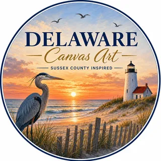 Delaware Canvas Art circular logo with coastal sunset scene